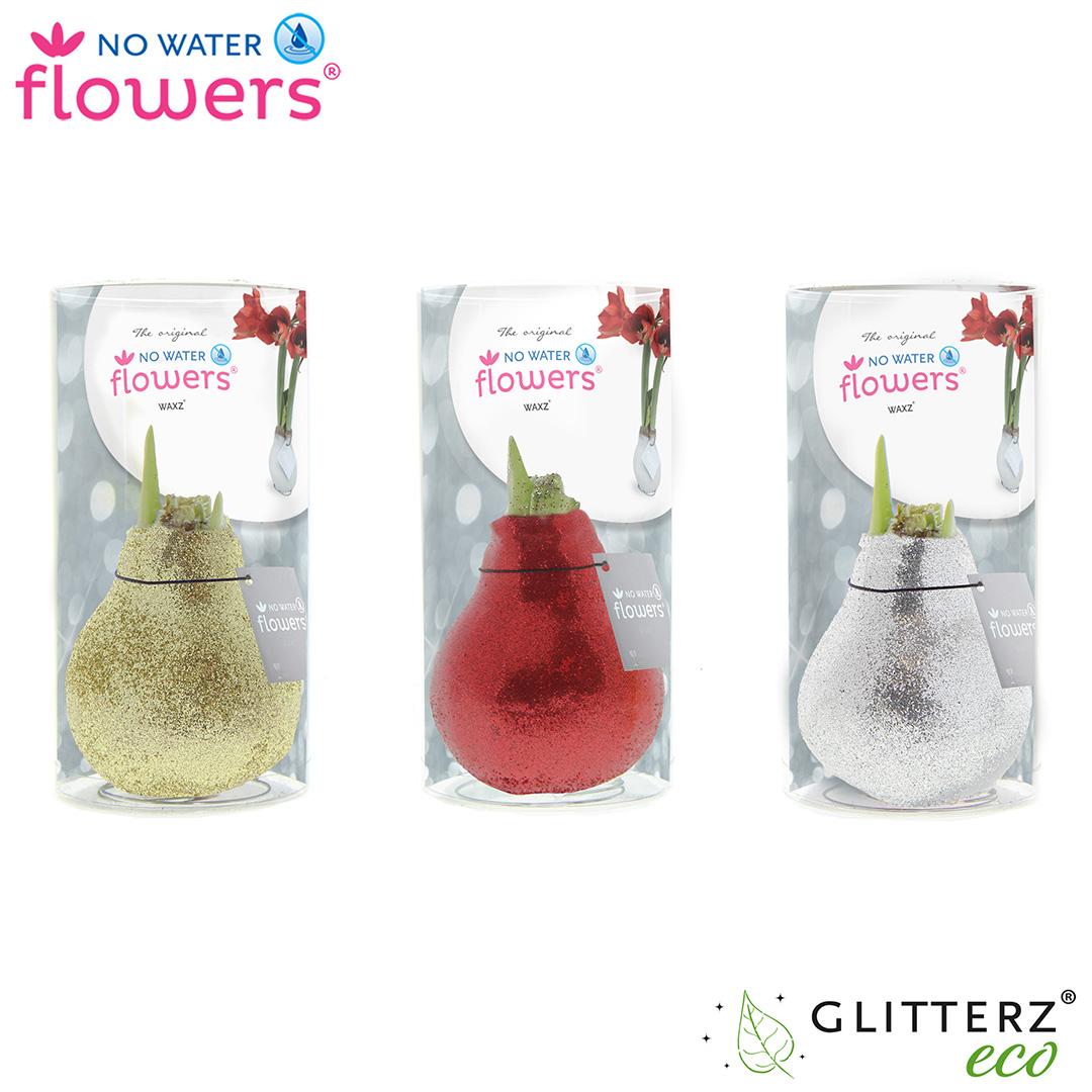 No Water Flowers Glitterz Goud / Rood / Zilver in Koker - 3 stuks - Ø7 cm - ↕15 cm